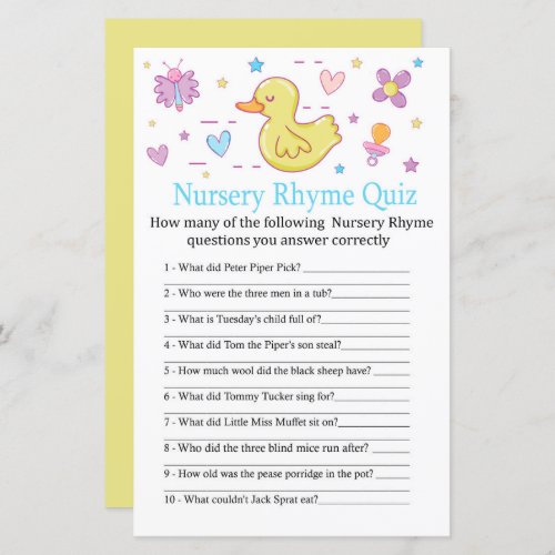 Rubber duck Nursery Rhyme Quiz baby shower game