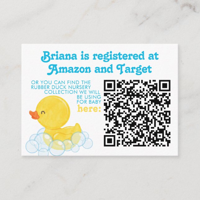 Rubber Duck Registry Information & Nursery Code Enclosure Card (Front)