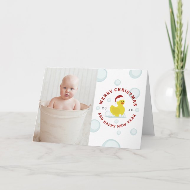 Rubber Duck Santa Christmas Photo Bubbles Holiday Card (Front)