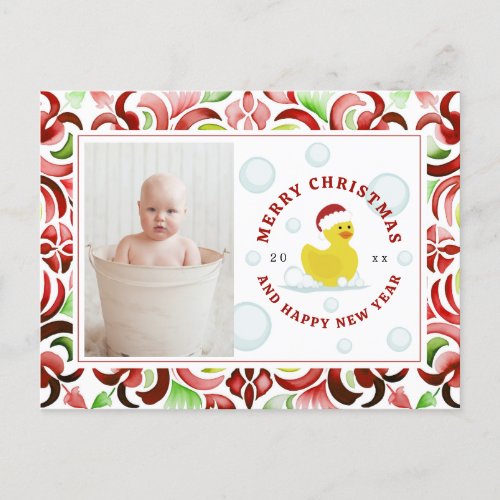 Rubber Duck Santa Christmas Photo Watercolor Holiday Postcard