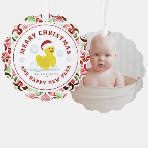 Rubber Duck Santa Christmas Watercolor Photo Ornament Card