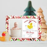 Rubber Duck Santa Watercolor Christmas Photo  Holiday Card<br><div class="desc">Illustration of a rubber duck bath toy wearing a santa hat. Border and reverse side are red and green watercolor floral tile pattern design. Personalize with your photo.</div>