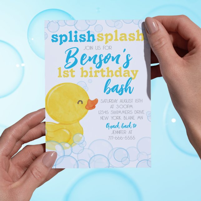Rubber Duck Splish Splash Birthday Invitation (Splish Splash Stunning Watercolor Rubber Duck Birthday Party Invite for Any Age!)