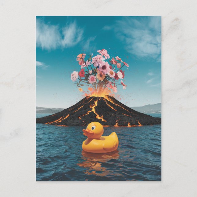 Rubber Duck Surreal Volcano Pink Flowers Postcard (Front)
