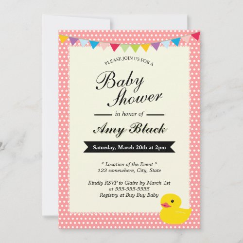 Rubber Duck Sweet Dots Pink Baby Shower Invitation