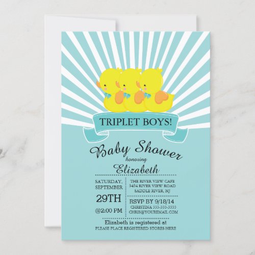 Rubber Duck Triplet Boys Baby Shower Invitations
