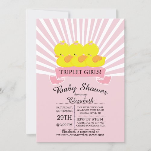 Rubber Duck Triplet Girls Baby Shower Invitations