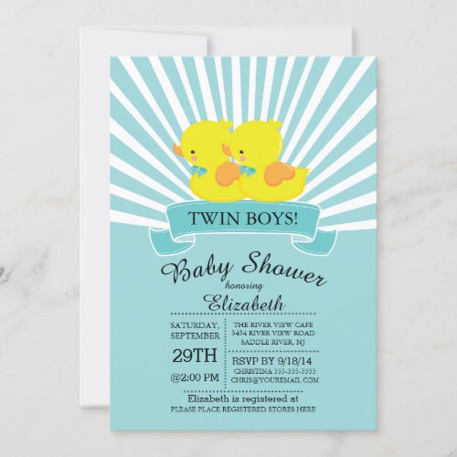 Rubber Duck Twin Boys Baby Shower Invitation