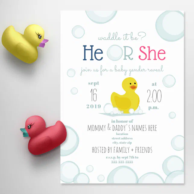 Rubber Duck Waddle It Be Baby Gender Reveal Invitation Zazzle