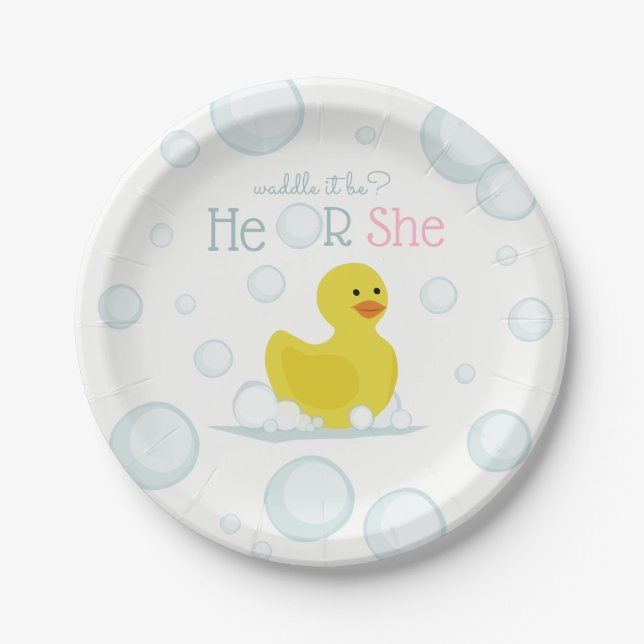 Rubber Duck Waddle It Be Baby Gender Reveal Paper Plates (Front)