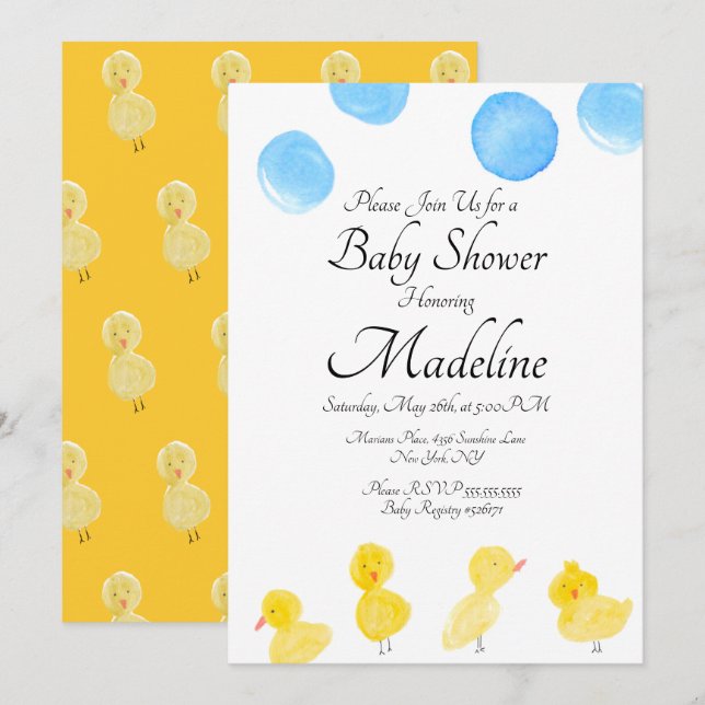 Rubber Duck Watercolor Painted Baby Shower Invitation (Front/Back)