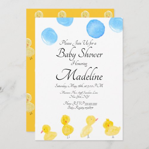 Rubber Duck Watercolor Painted Baby Shower Invitation