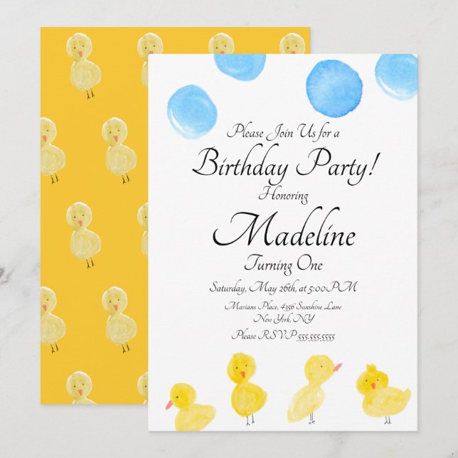 Rubber Duck Watercolor Painted Birthday Party Invitation (Front/Back)