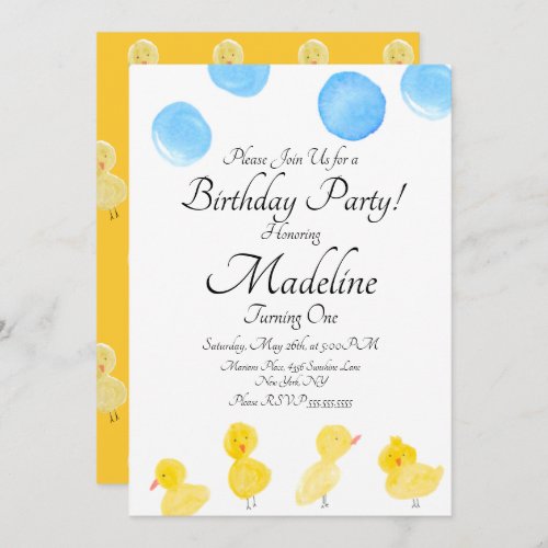 Rubber Duck Watercolor Painted Birthday Party Invitation