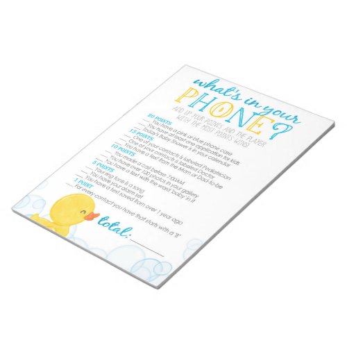Rubber Duck Whats In Your Phone Baby Shower Game Notepad
