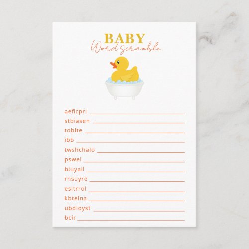 Rubber DucK Word Scramble Baby Shower Game Card