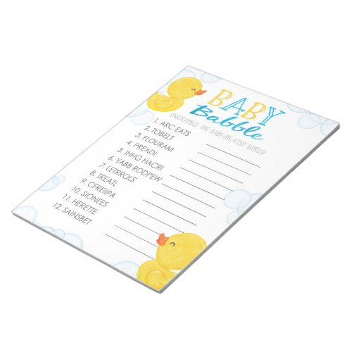 Rubber Duck Word Unscramble Baby Shower Game Pack Notepad