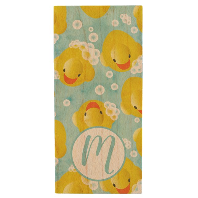 Rubber Ducks Bath Pattern Wood Flash Drive (Front Vertical)
