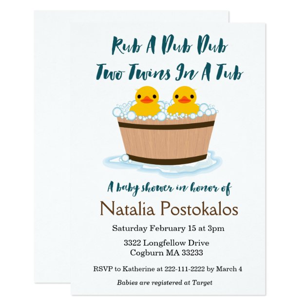 Rubber Ducks Swimming In A Tub Twins Baby Shower Invitation