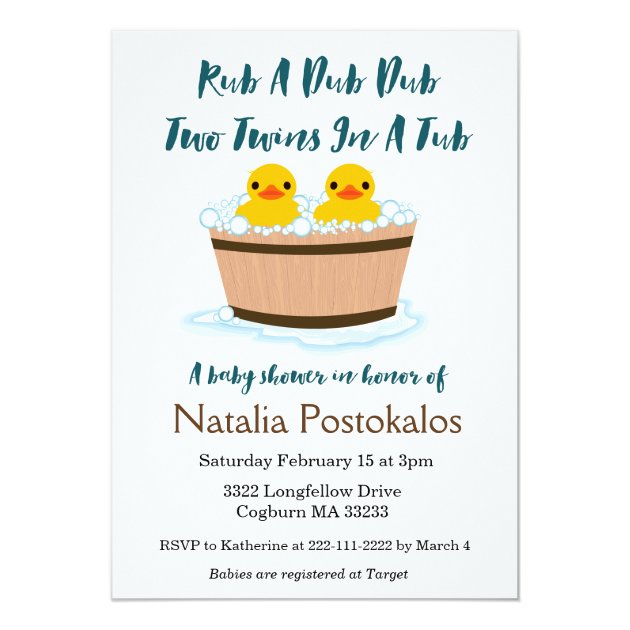 Rubber Ducks Swimming In A Tub Twins Baby Shower Invitation