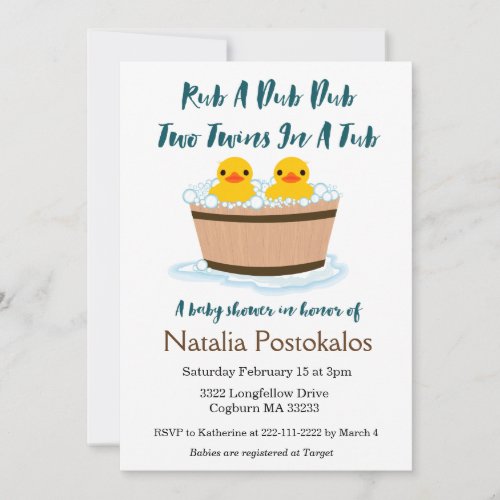 Rubber Ducks Swimming in a Tub Twins Baby Shower Invitation