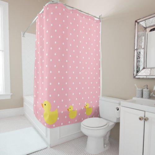 Rubber Ducks Swimming on Pink Polka Dots Shower Curtain