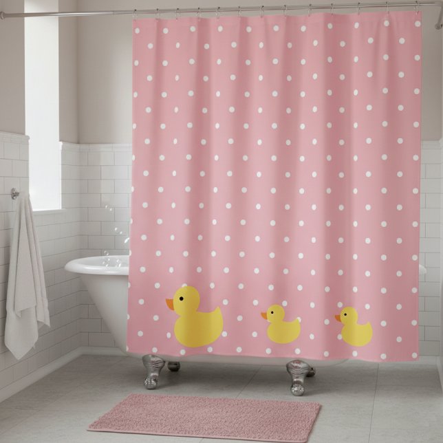Rubber Ducks Swimming on Pink Polka Dots Shower Curtain (Creator Uploaded)