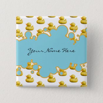 Rubber Ducky And Blue Bubbles Banner Baby Shower Pinback Button by suchicandi at Zazzle