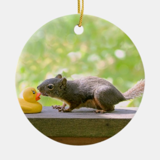 Rubber Ducky and Squirrel Kissing Ceramic Ornament (Front)