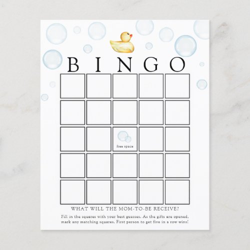 Rubber Ducky Baby Shower Bingo Game Card