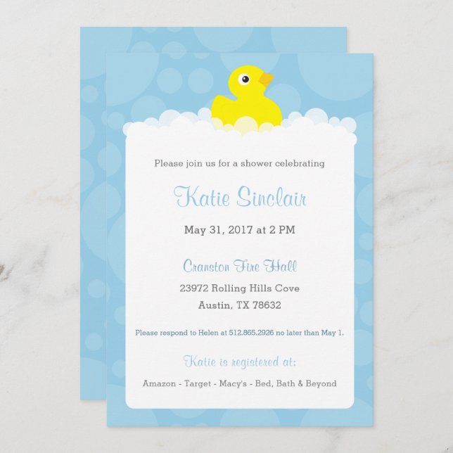 Rubber Ducky Baby Shower Invitation - Blue (Front/Back)
