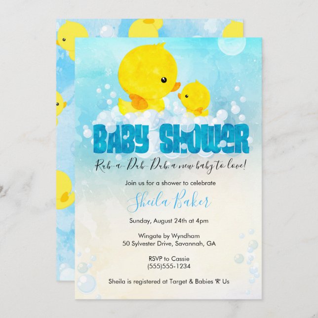 Rubber Ducky Baby Shower Invitation | Duckie Bath (Front/Back)