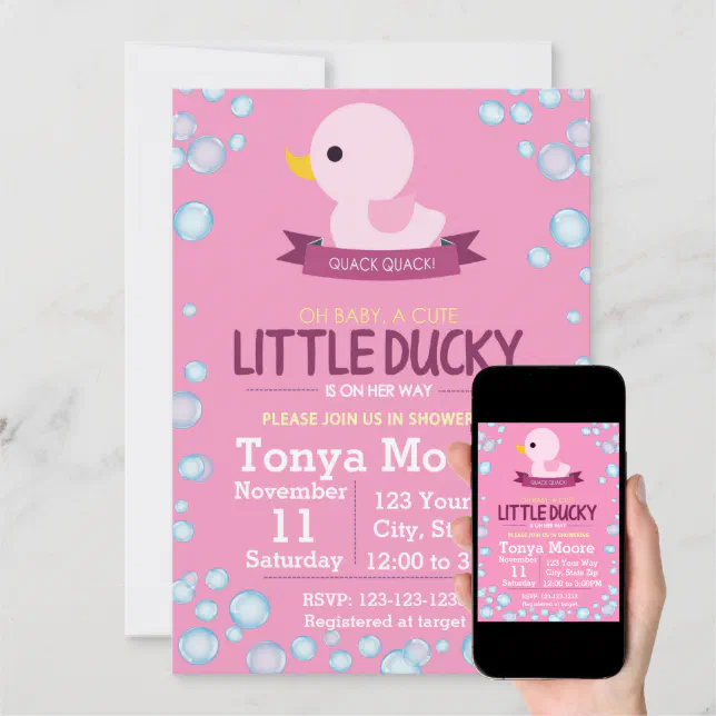 Rubber Ducky Baby Shower Invitation (girl) Zazzle