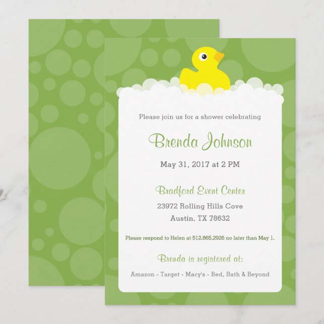 Rubber Ducky Baby Shower Invitation - Green (Front/Back)