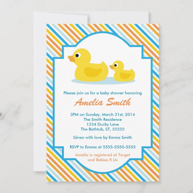 Rubber Ducky Baby Shower Invitation - Unisex, Boy (Front)