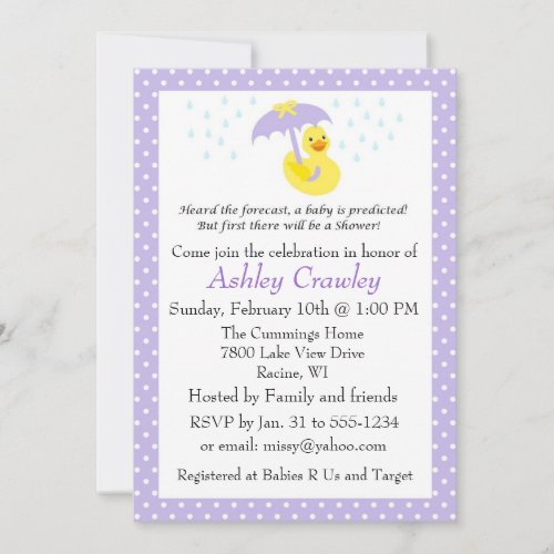 Rubber Ducky Baby Shower invite purple _ customize