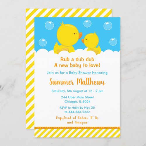 Rubber Ducky Baby Shower Yellow and Blue Invitation