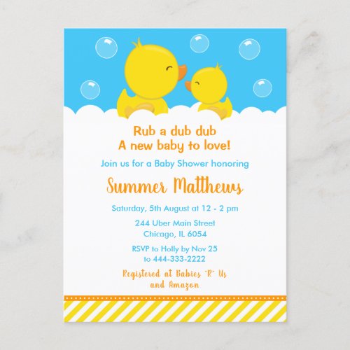 Rubber Ducky Baby Shower Yellow and Blue Postcard