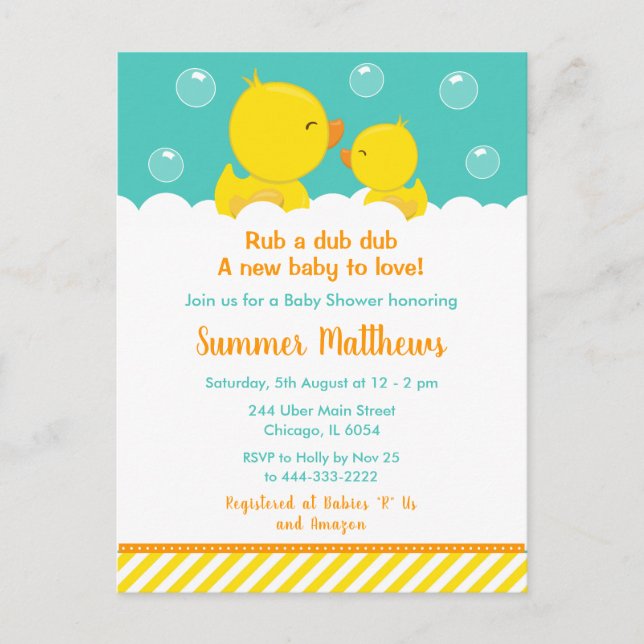 Rubber Ducky Baby Shower Yellow and Green Postcard (Front)