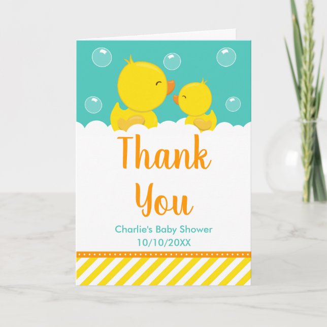 Rubber Ducky Baby Shower Yellow and Green Thank You Card (Front)