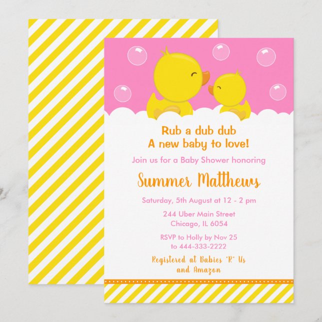 Rubber Ducky Baby Shower Yellow and Pink Invitation (Front/Back)