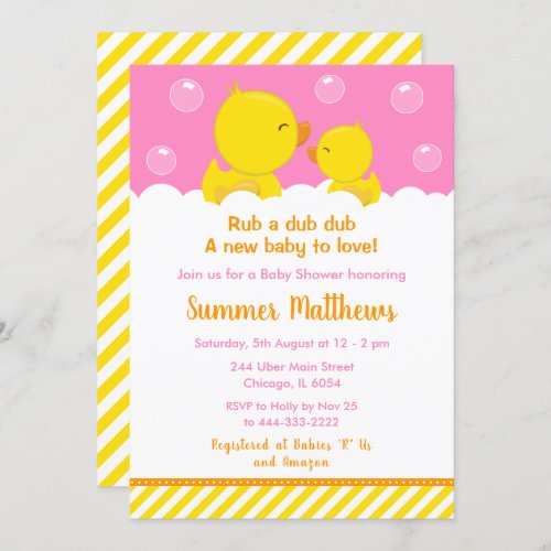 Rubber Ducky Baby Shower Yellow and Pink Invitation