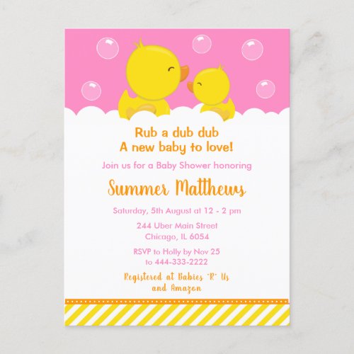 Rubber Ducky Baby Shower Yellow and Pink Postcard