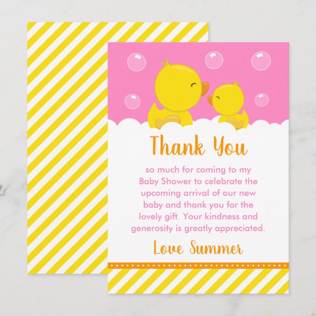 Rubber Ducky Baby Shower Yellow and Pink Thank You Card (Front/Back)