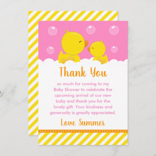 Rubber Ducky Baby Shower Yellow and Pink Thank You Card