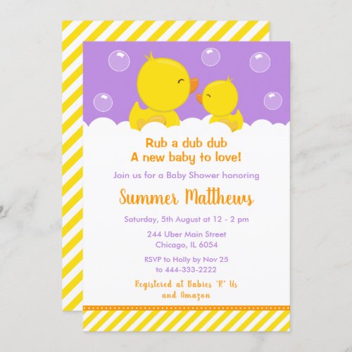 Rubber Ducky Baby Shower Yellow and Purple Invitation