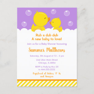 Rubber Ducky Baby Shower Yellow and Purple Postcard