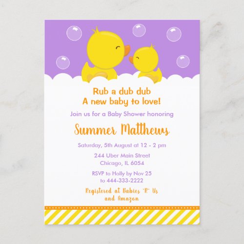 Rubber Ducky Baby Shower Yellow and Purple Postcard