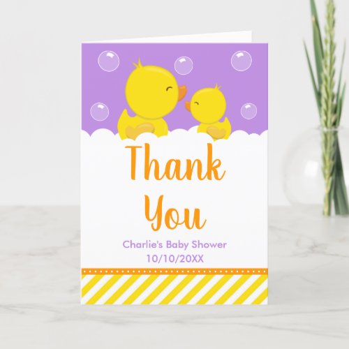 Rubber Ducky Baby Shower Yellow and Purple Thank You Card