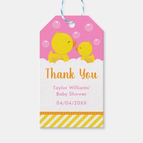Rubber Ducky Baby Shower Yellow Pink Thank You Gift Tags